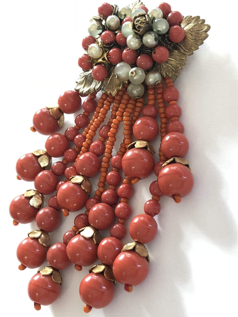 Miriam Haskell Beaded Coral Art Glass Necklace