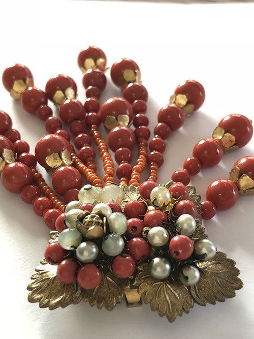 Miriam Haskell Beaded Coral Art Glass Necklace