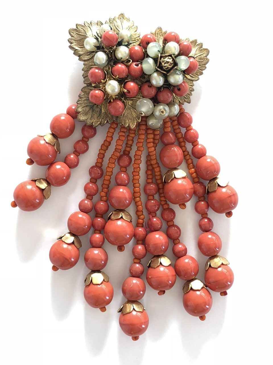 Miriam Haskell Beaded Coral Art Glass Necklace
