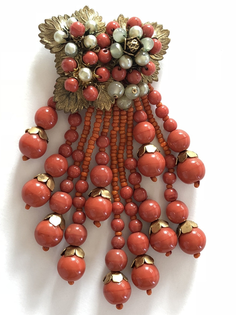 Miriam Haskell Beaded Coral Art Glass Necklace