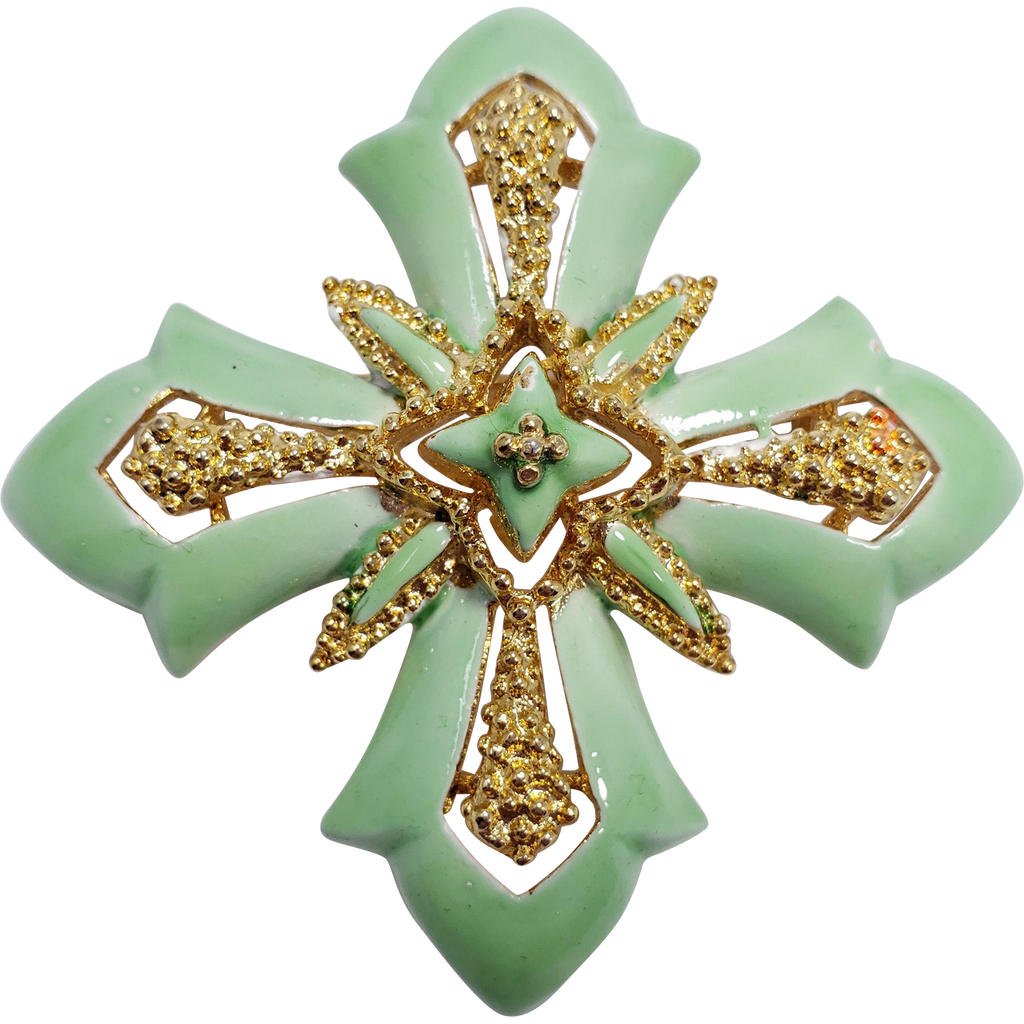 Vintage Lisner Green Enamel Maltese Cross Pin Brooch Signed
