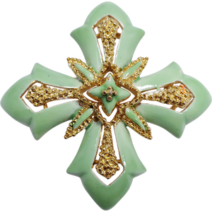 Vintage Lisner Green Enamel Maltese Cross Pin Brooch Signed