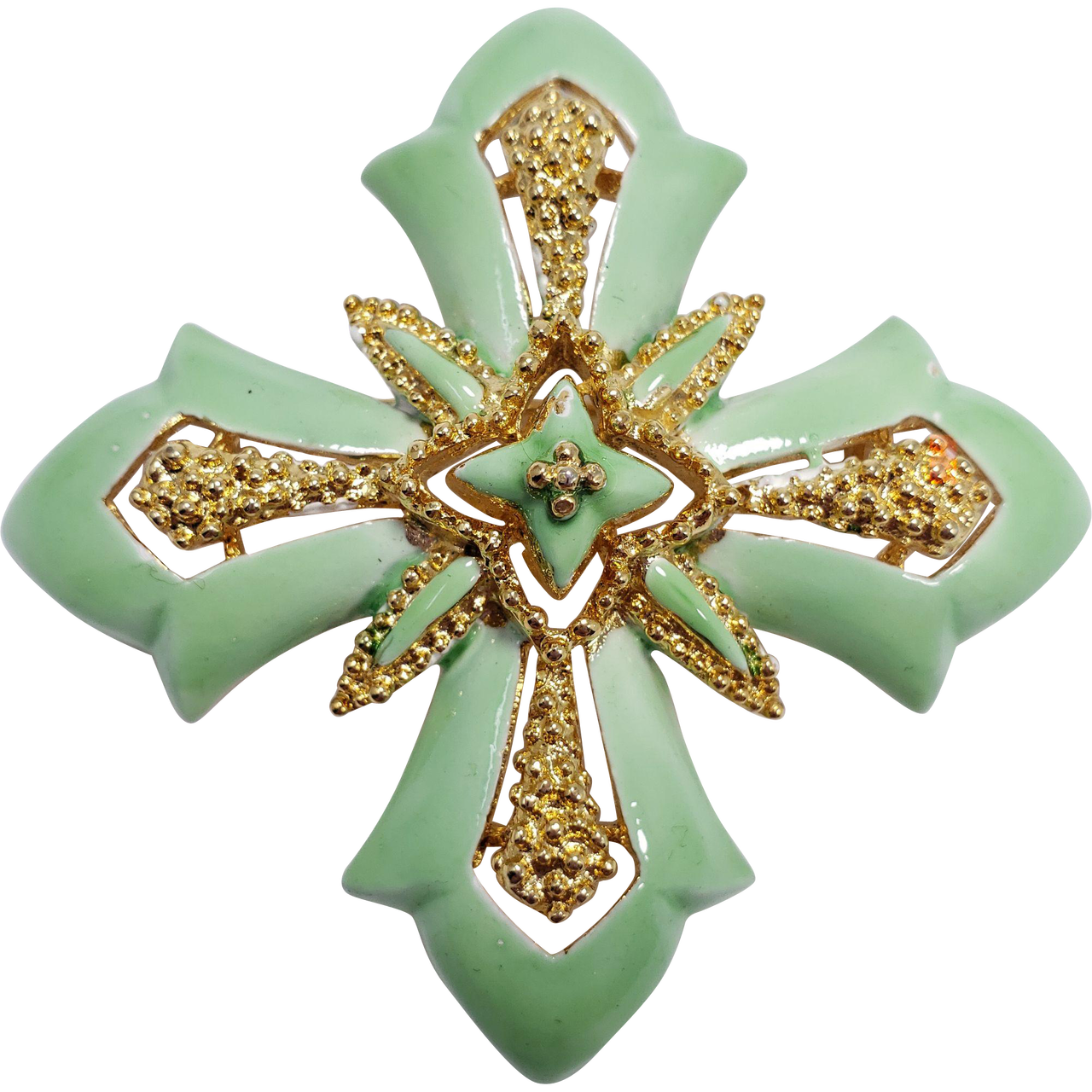 Vintage Lisner Green Enamel Maltese Cross Pin Brooch Signed