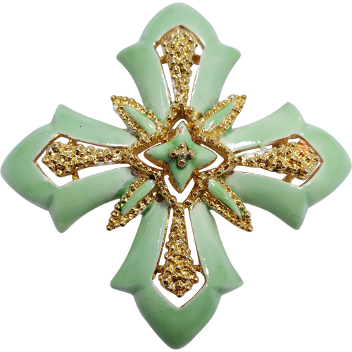 Vintage Lisner Green Enamel Maltese Cross Pin Brooch Signed