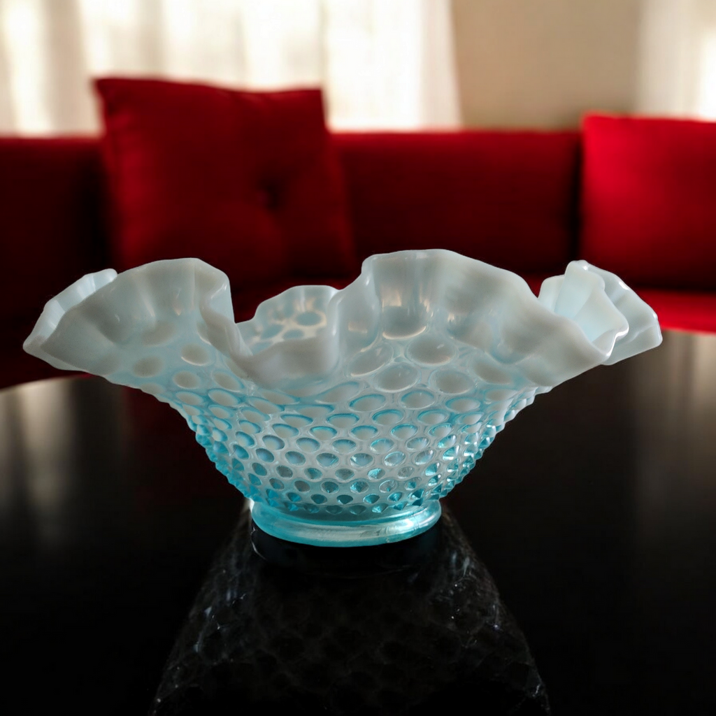 10" Fenton Hobnail Blue Opalescent Round Crimped Bowl