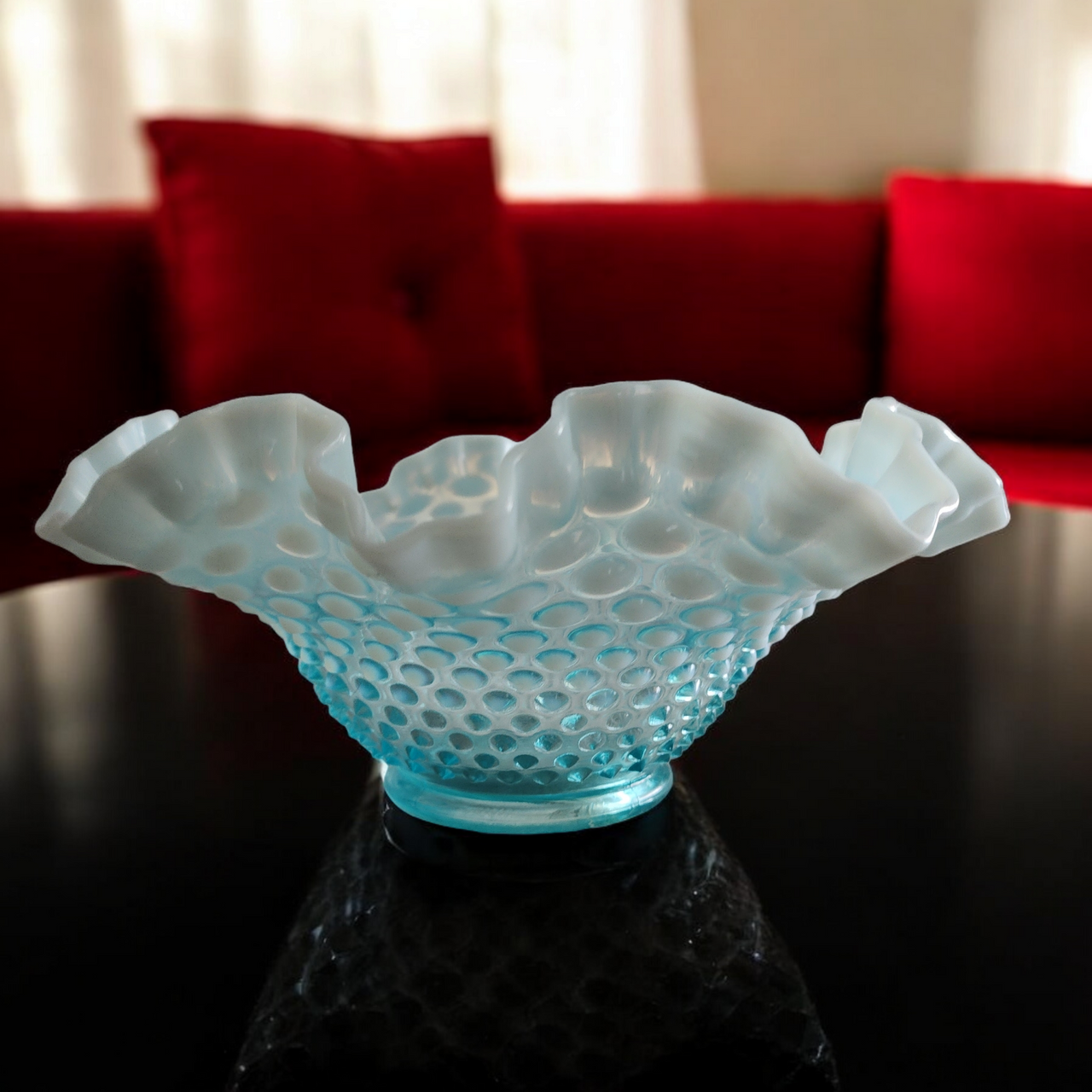10" Fenton Hobnail Blue Opalescent Round Crimped Bowl