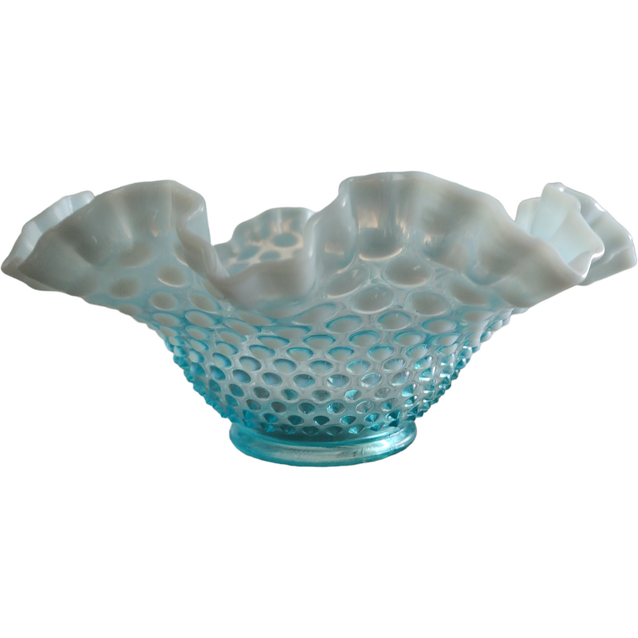 10" Fenton Hobnail Blue Opalescent Round Crimped Bowl