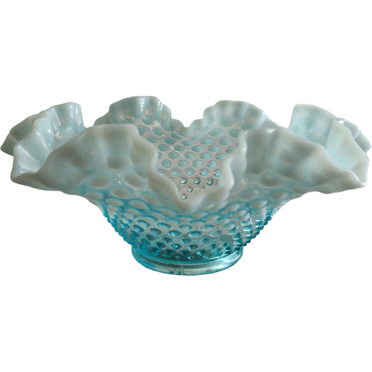 10" Fenton Hobnail Blue Opalescent Round Crimped Bowl