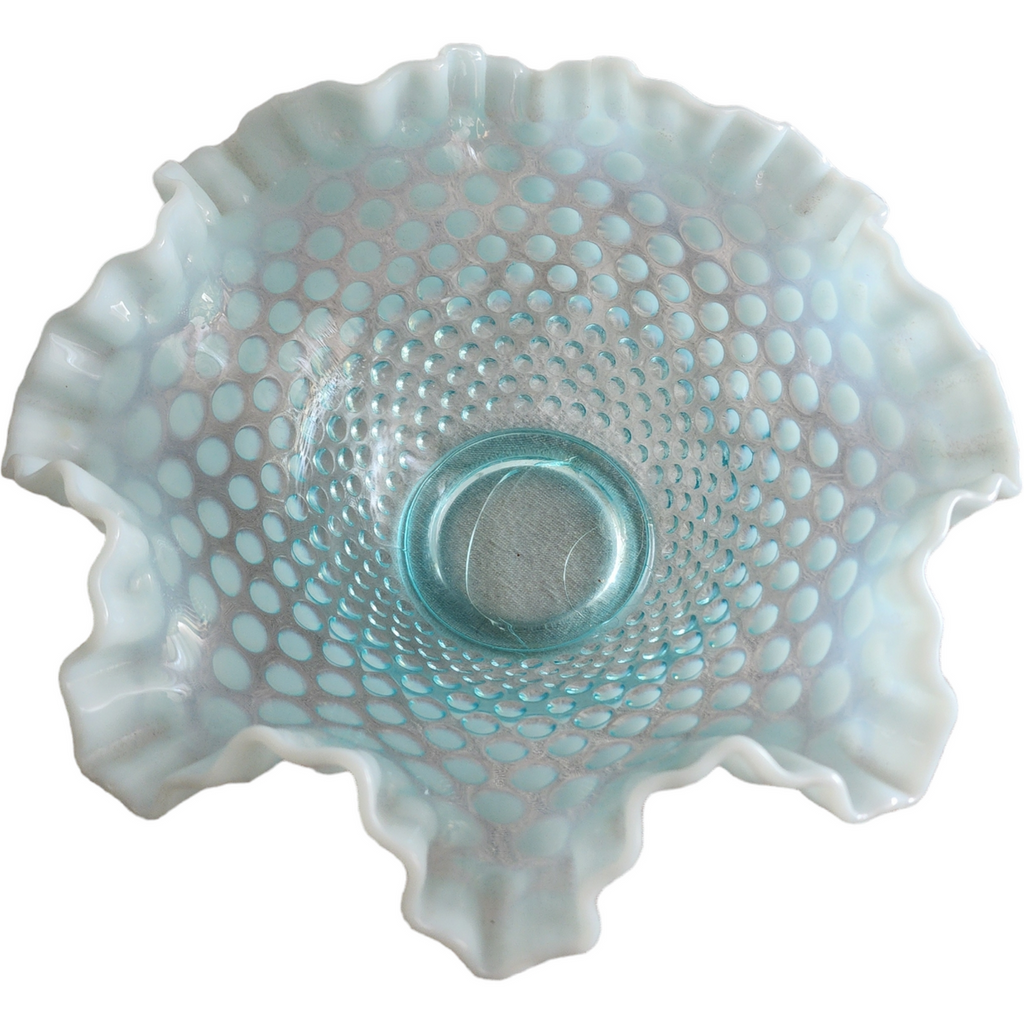 10" Fenton Hobnail Blue Opalescent Round Crimped Bowl
