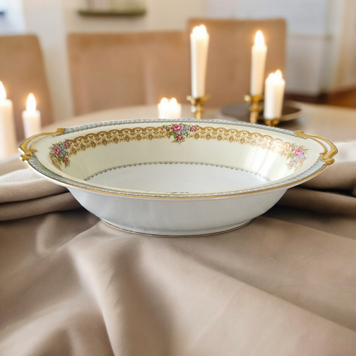 10"Noritake Juno Blue & Tan Band Flowers Tan Scrolls Round Oval Vegetable Bowl