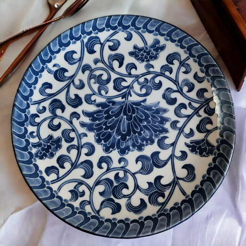 10" Andrea by Sadek Blue Mum Blue Leaves & Flowers Blue Trim Dinner Plate
