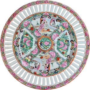 10" Chinese Rose Famille Art Pottery Decorated Hong Kong Reticulated Plate