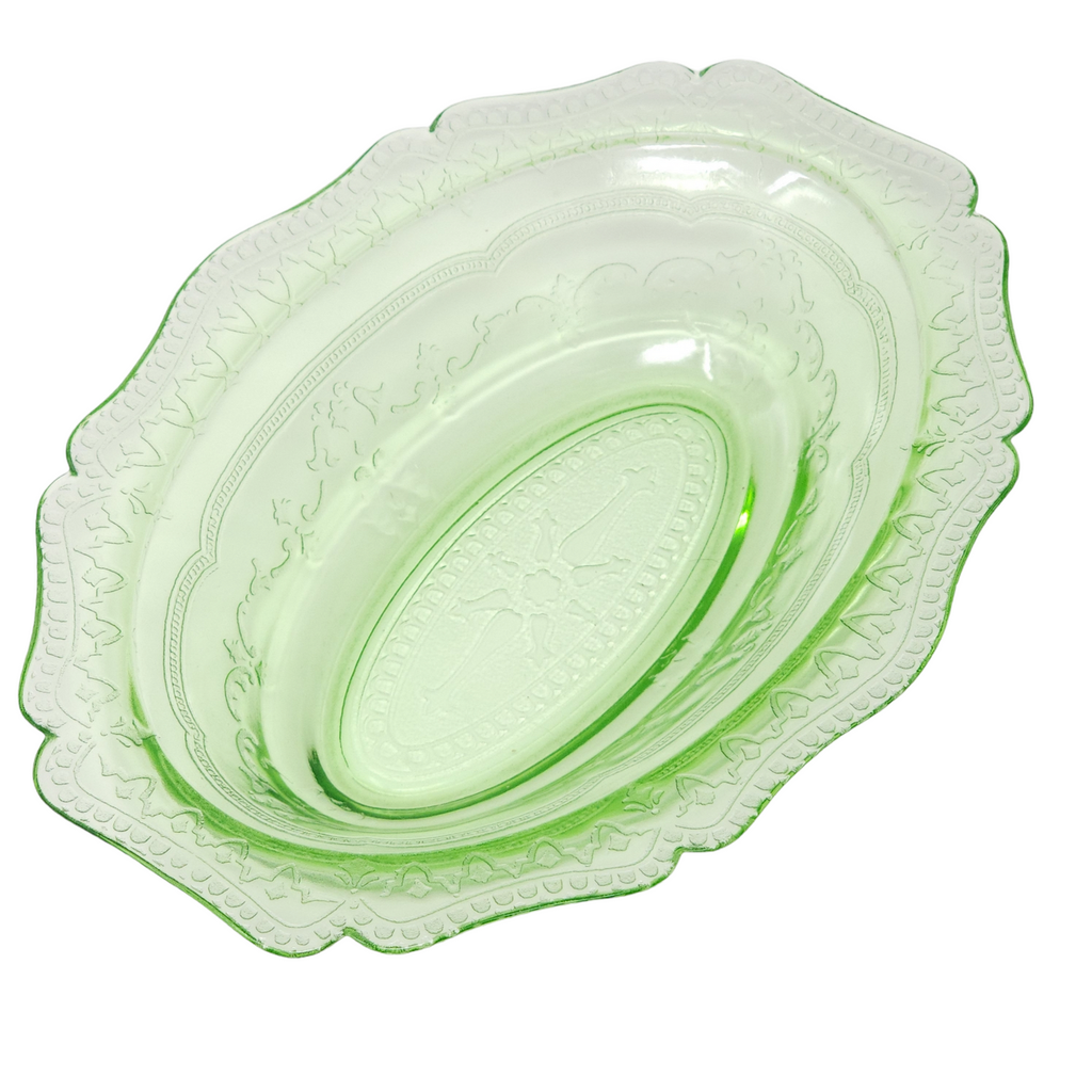 10" Federal Glass Patrician Green Uranium Oval Vegetable Bowl