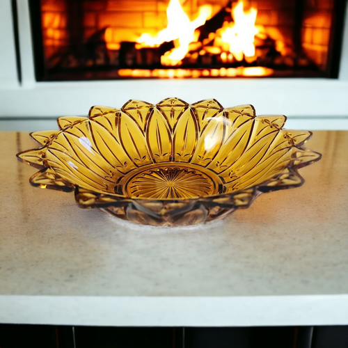 10" Federal Glass Petal Amber Pressed Glass Round Bowl
