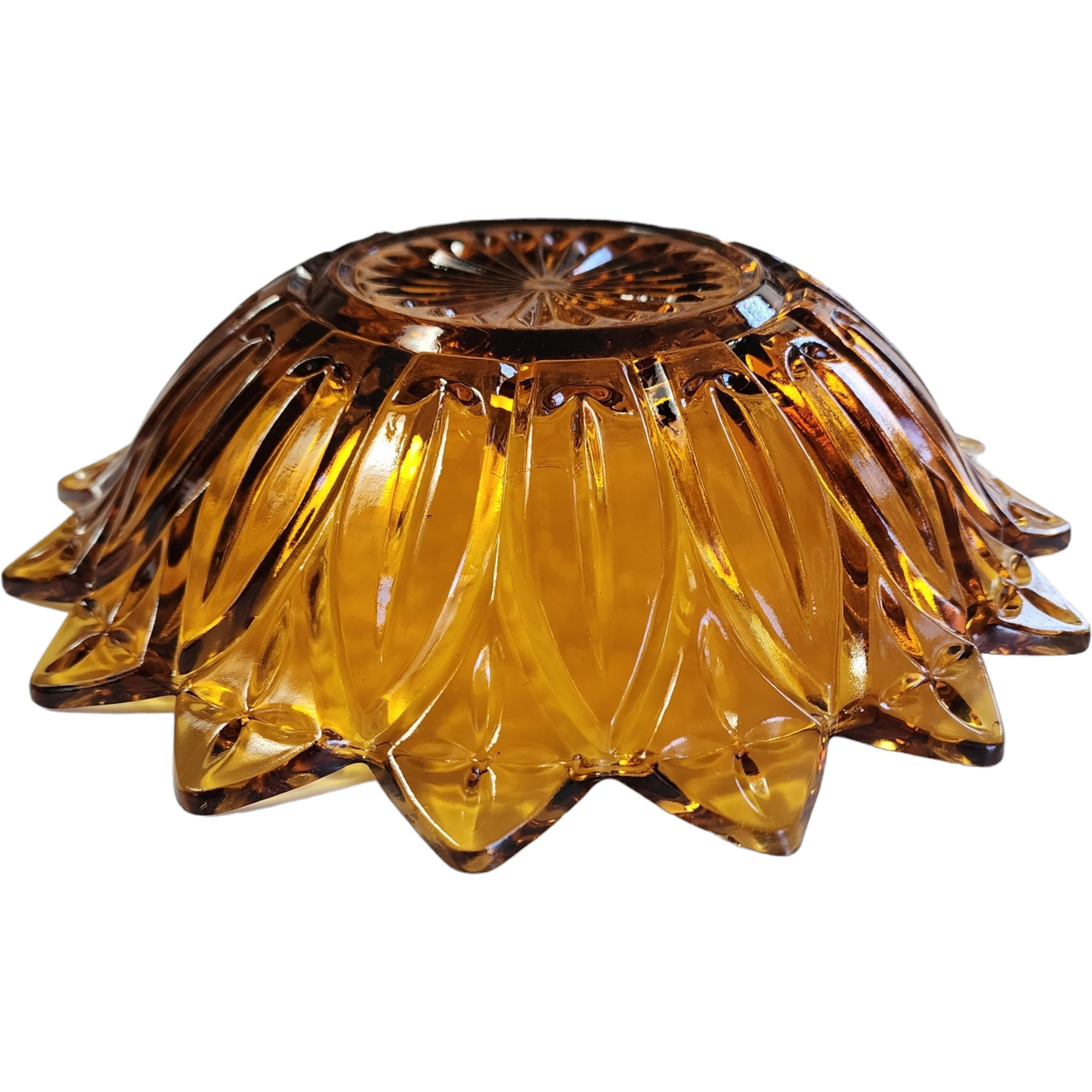 10" Federal Glass Petal Amber Pressed Glass Round Bowl