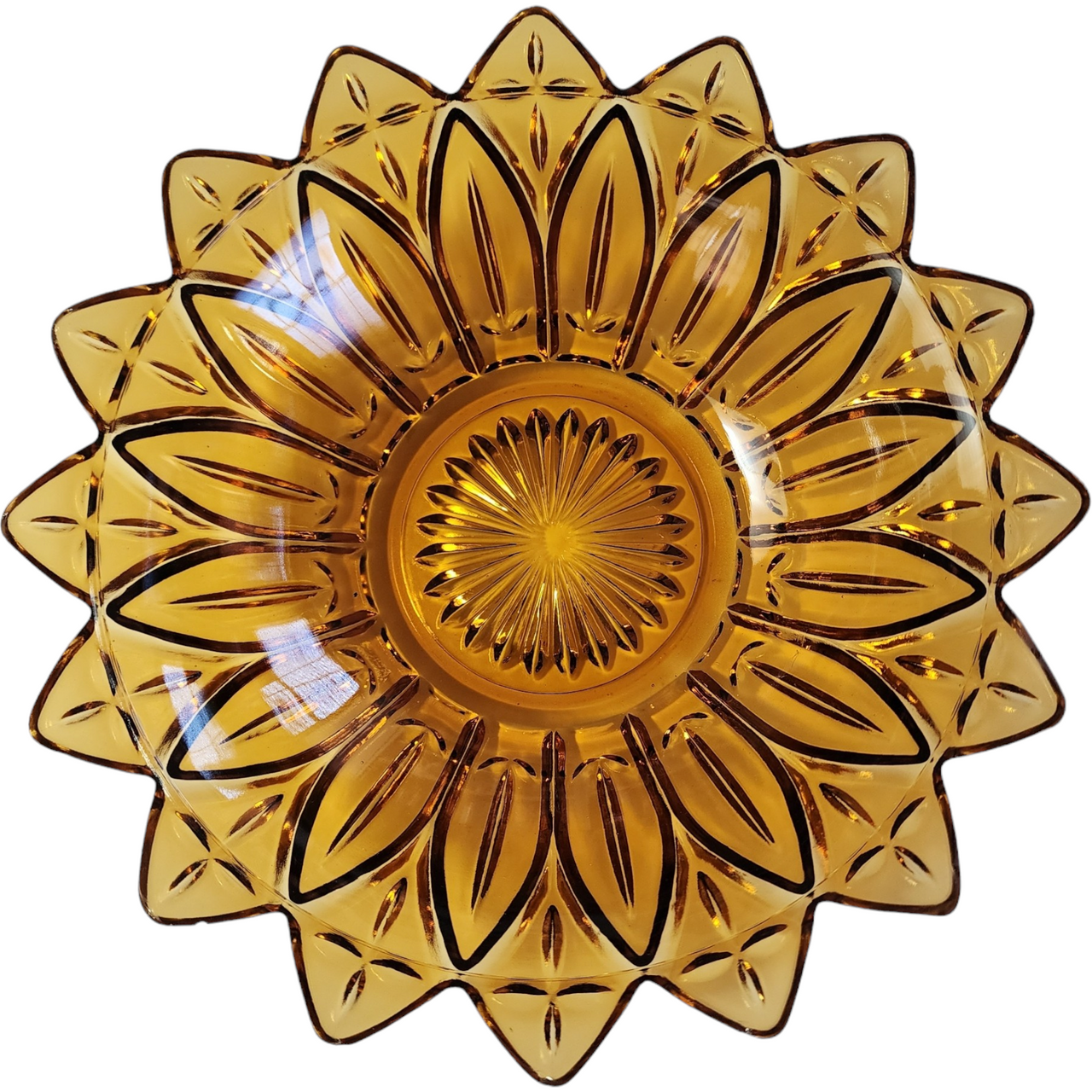 10" Federal Glass Petal Amber Pressed Glass Round Bowl