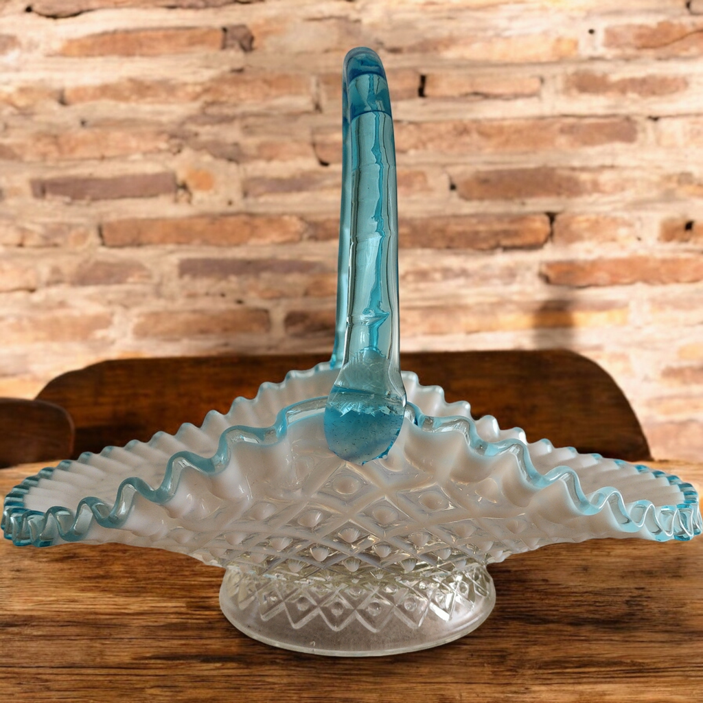 12" Fenton Art Glass Diamond Lace Blue Opalescent Footed Basket