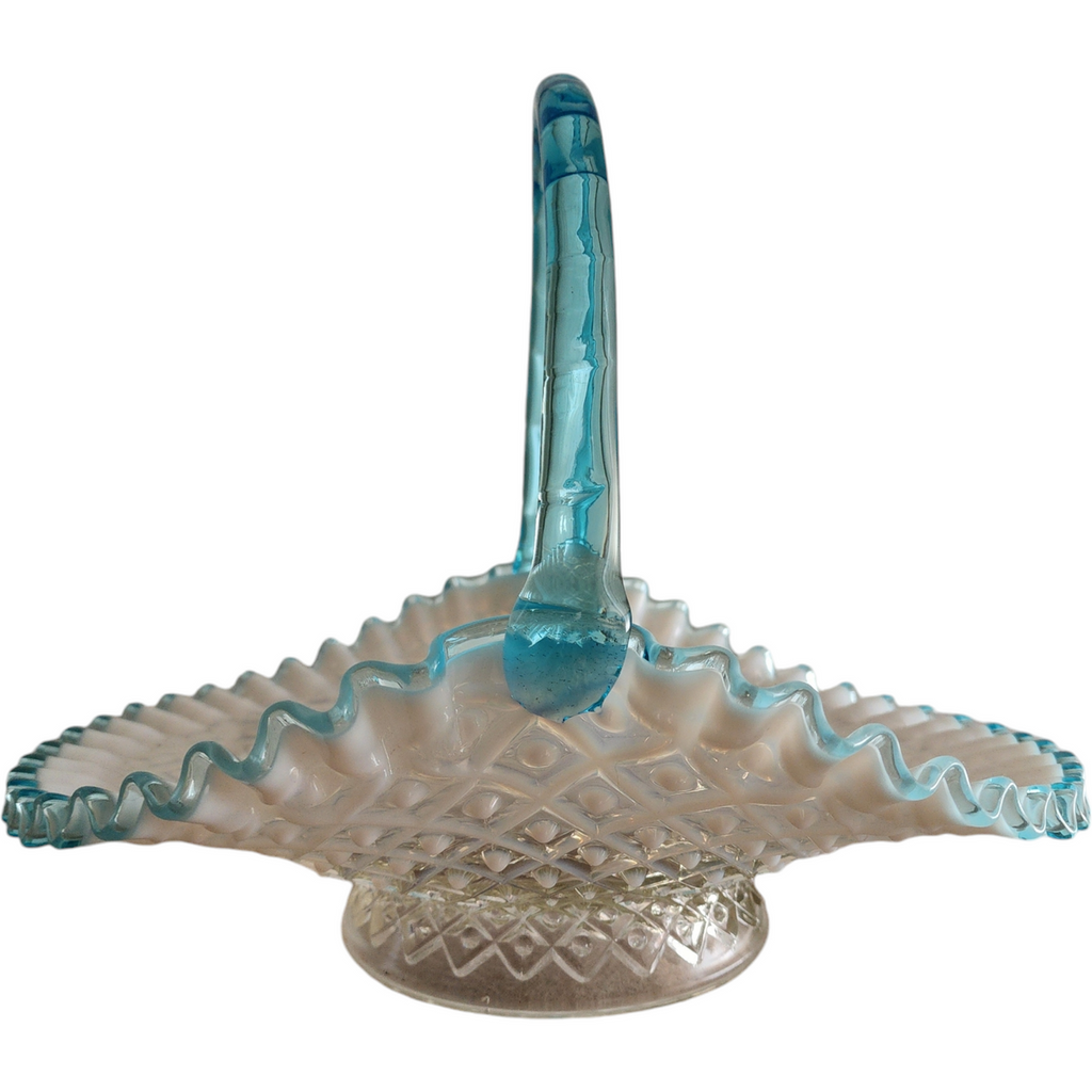 12" Fenton Art Glass Diamond Lace Blue Opalescent Footed Basket