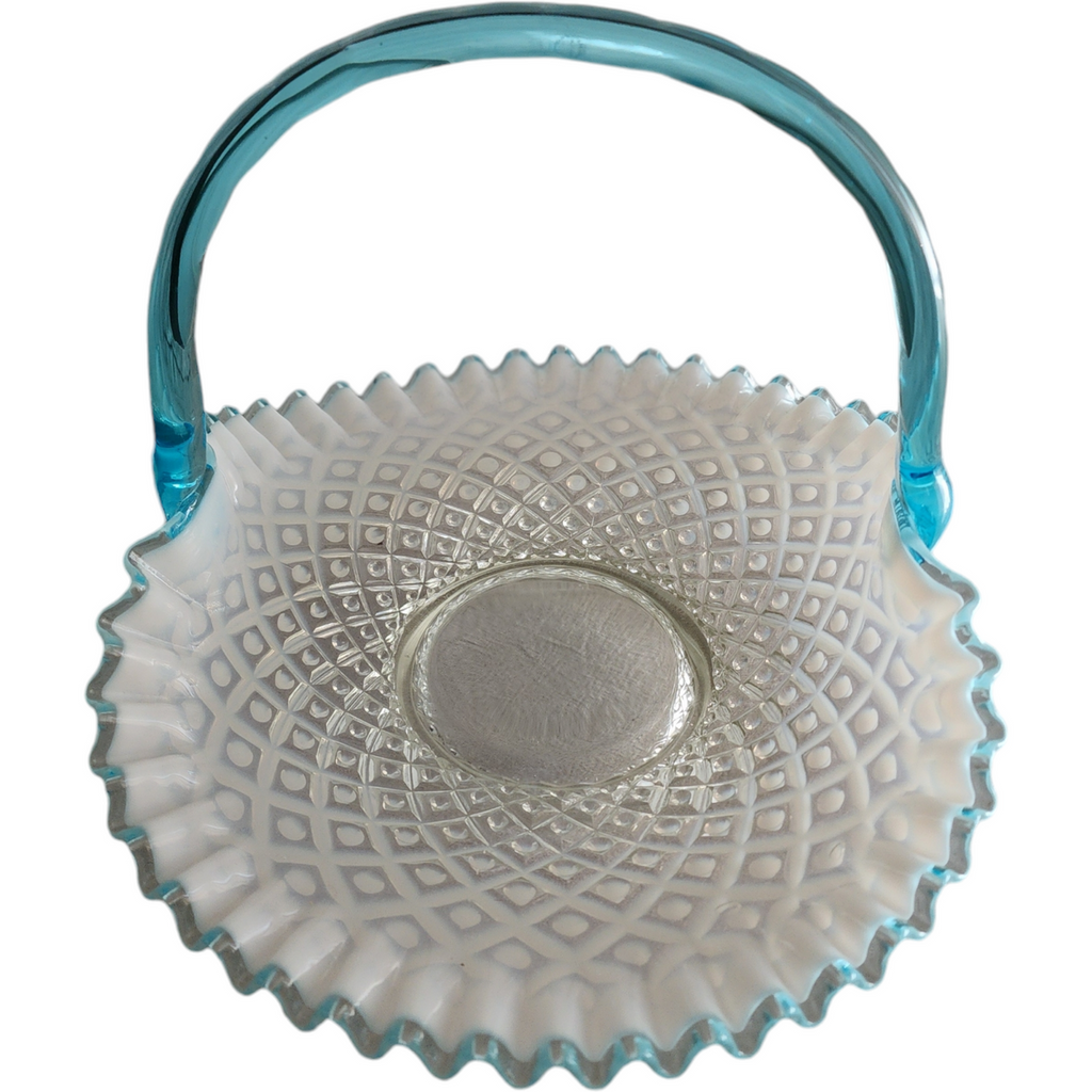 12" Fenton Art Glass Diamond Lace Blue Opalescent Footed Basket