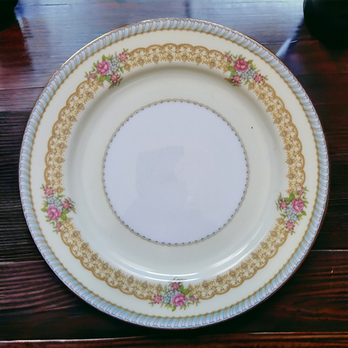 10" Noritake Juno Blue & Tan Band Flowers Tan Scrolls Dinner Plate Japan