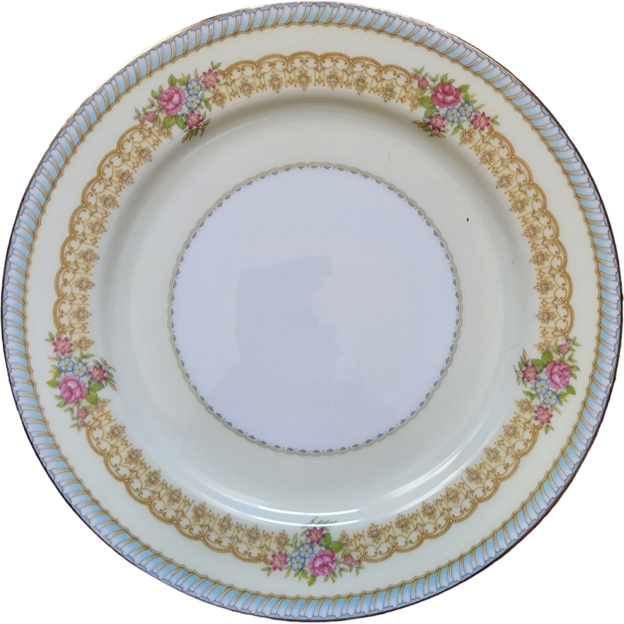 10" Noritake Juno Blue & Tan Band Flowers Tan Scrolls Dinner Plate Japan