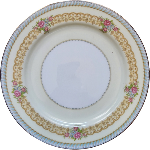 10" Noritake Juno Blue & Tan Band Flowers Tan Scrolls Dinner Plate Japan