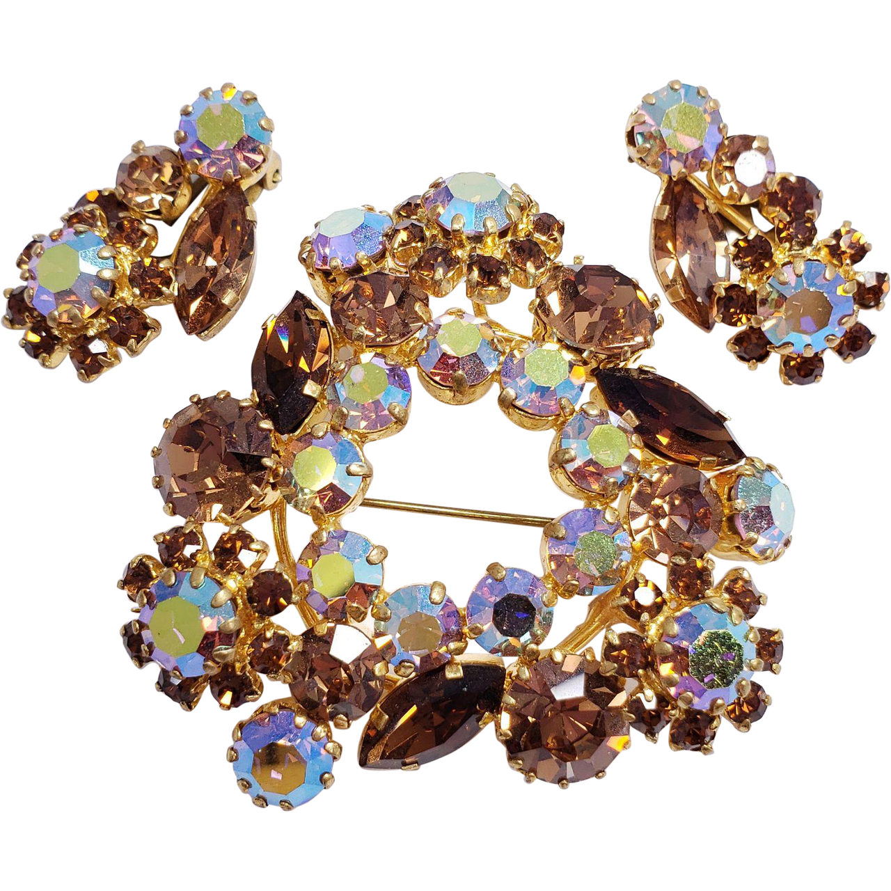 Austrian Aurora Borealis and Amber Colored Crystal Flower Brooch Pin, Clip On Earrings in Gold Tone