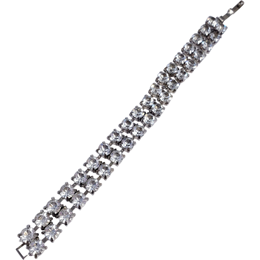 Vintage Clear Crystal-Prong Set Silver Tone Bracelet