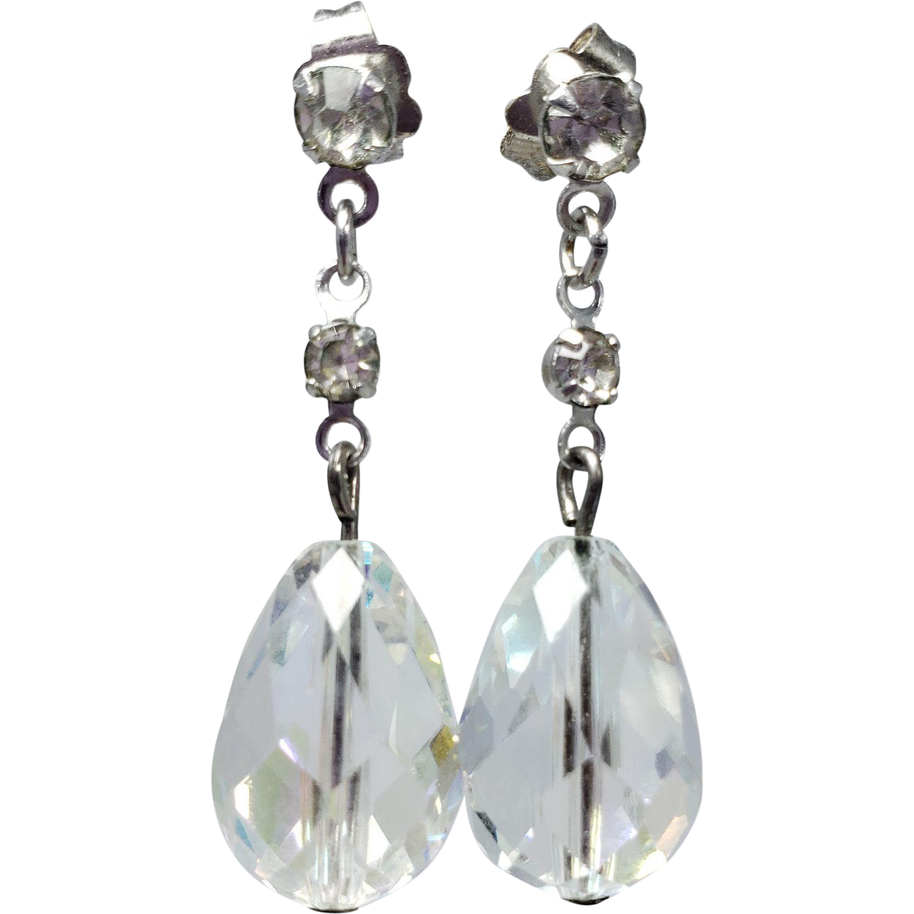 Art Deco Silver AB Glass Crystal Dangle Earrings