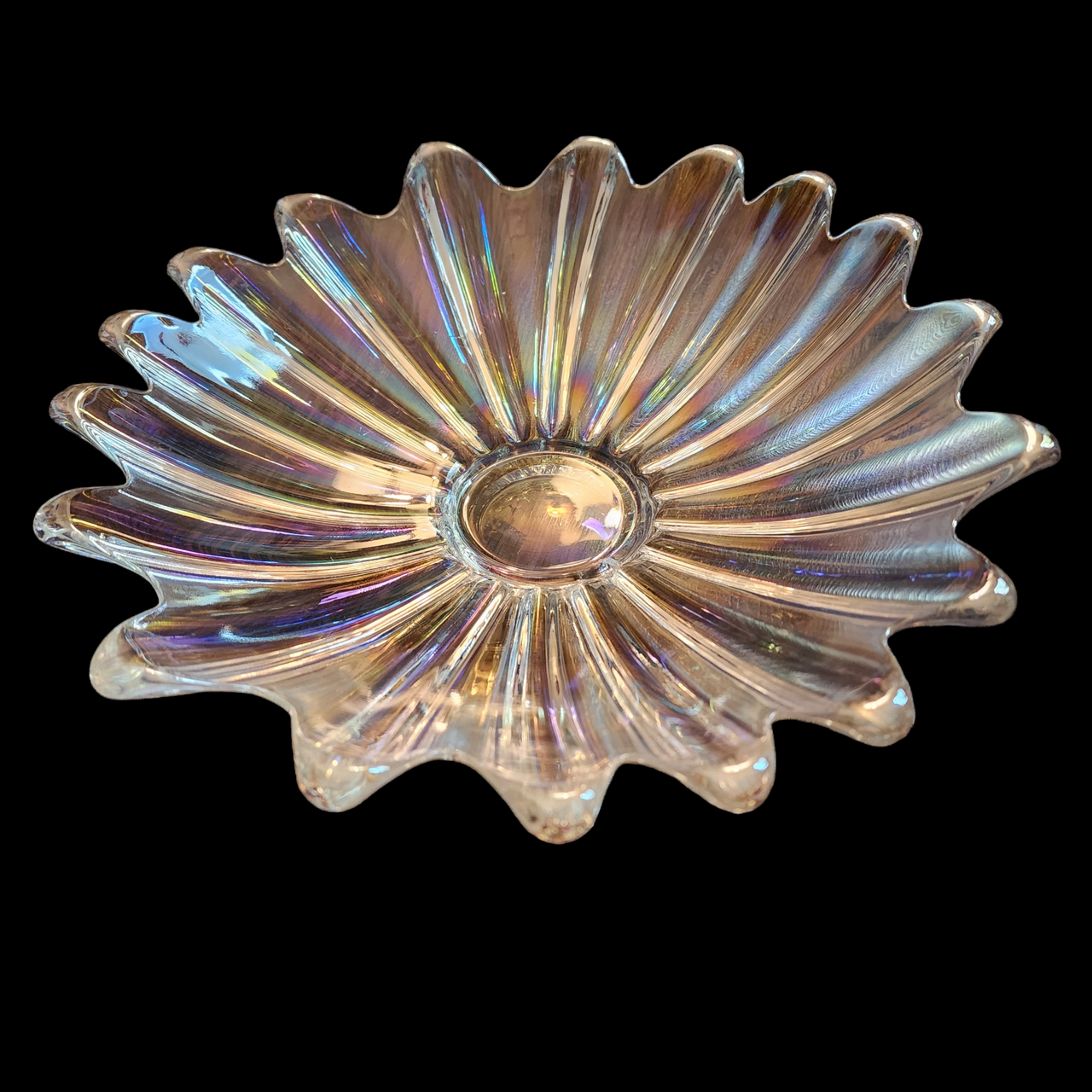 11" Federal Glass Celestial Iridescent Ribbed Design Round Bowl