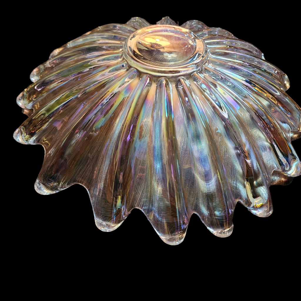 11" Federal Glass Celestial Iridescent Ribbed Design Round Bowl