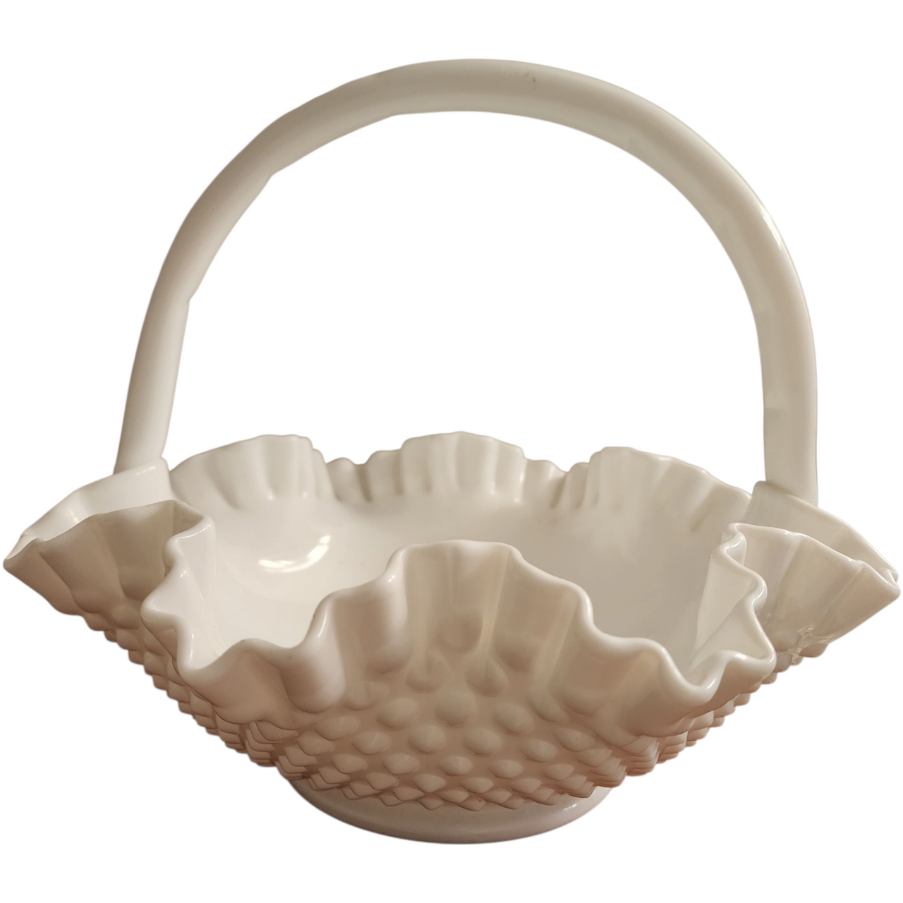 Vintage Fenton Hobnail Milk Glass Basket with Ruffled Edge & Handle  11 Inch