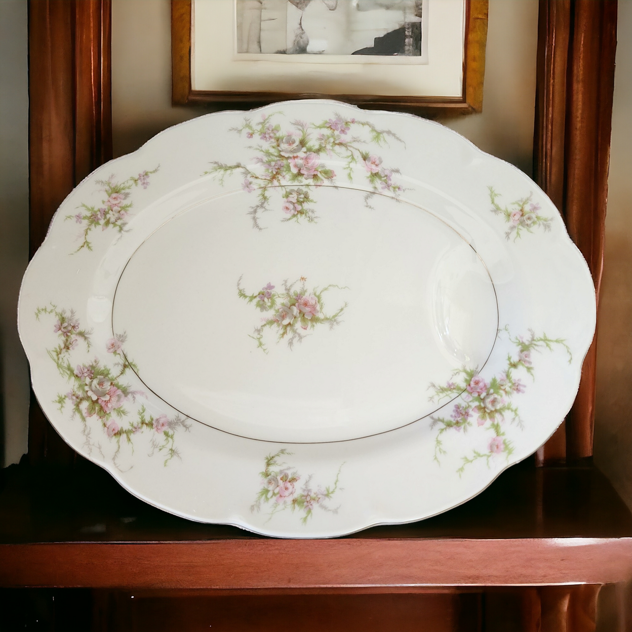 11" Haviland Rosalinde New York Scallop Pink, Lavender & White Flowers Oval Serving Platter