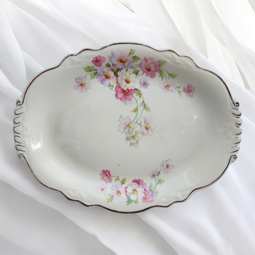 11" Homer Laughlin Fluffy Virginia Rose Platinum Trim Pink & White Flowers Oval Serving Platter