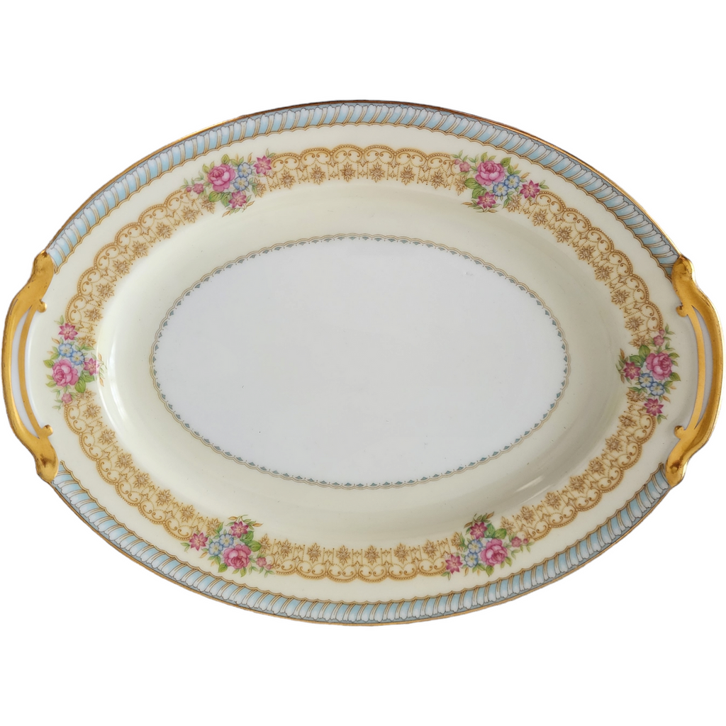 11" Noritake Juno Blue & Tan Band Flowers Tan Scrolls Oval Serving Platter
