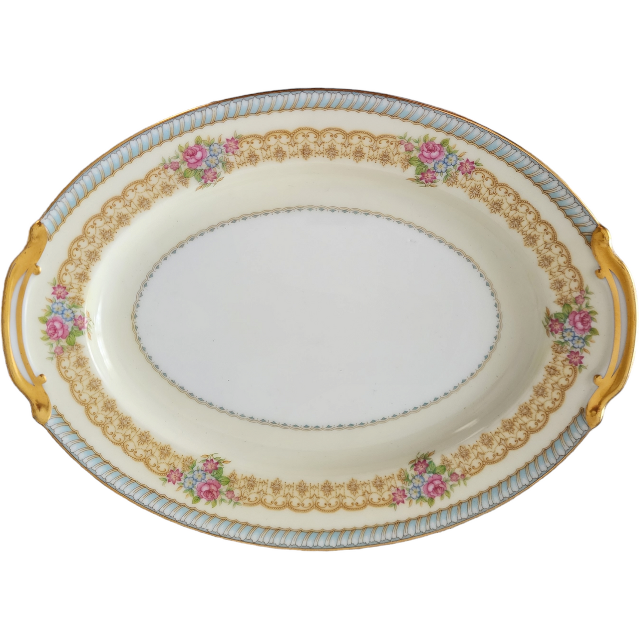 11" Noritake Juno Blue & Tan Band Flowers Tan Scrolls Oval Serving Platter