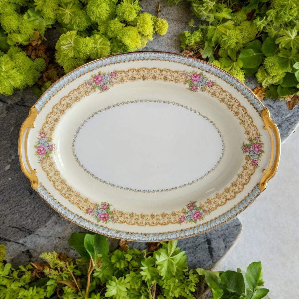 11" Noritake Juno Blue & Tan Band Flowers Tan Scrolls Oval Serving Platter