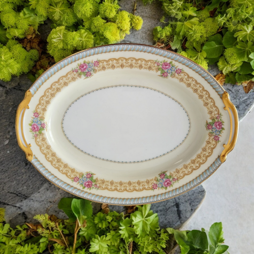 11" Noritake Juno Blue & Tan Band Flowers Tan Scrolls Oval Serving Platter