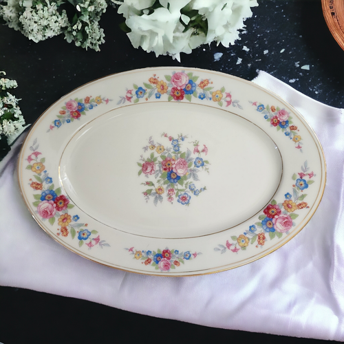11" Royal Ivory Queens Rose Gold Scroll Oval Serving Platter