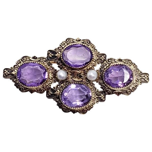 12K Gold Filled Victorian Style Cultured Pearl and Amethyst Colored Glass Crystal Brooch Pin