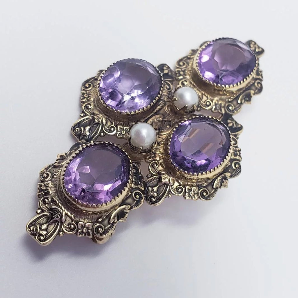 12K Gold Filled Victorian Style Cultured Pearl and Amethyst Colored Glass Crystal Brooch Pin