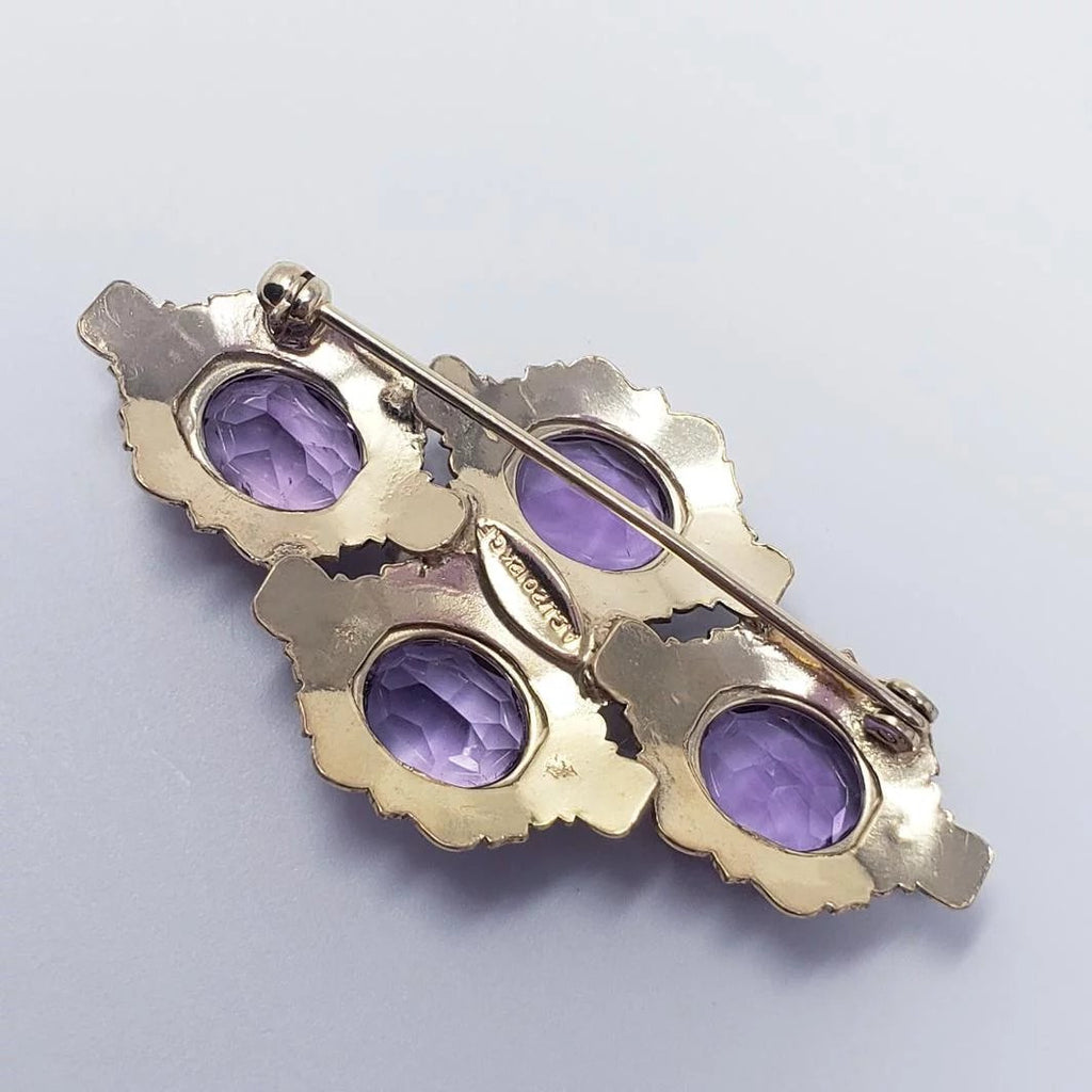 12K Gold Filled Victorian Style Cultured Pearl and Amethyst Colored Glass Crystal Brooch Pin