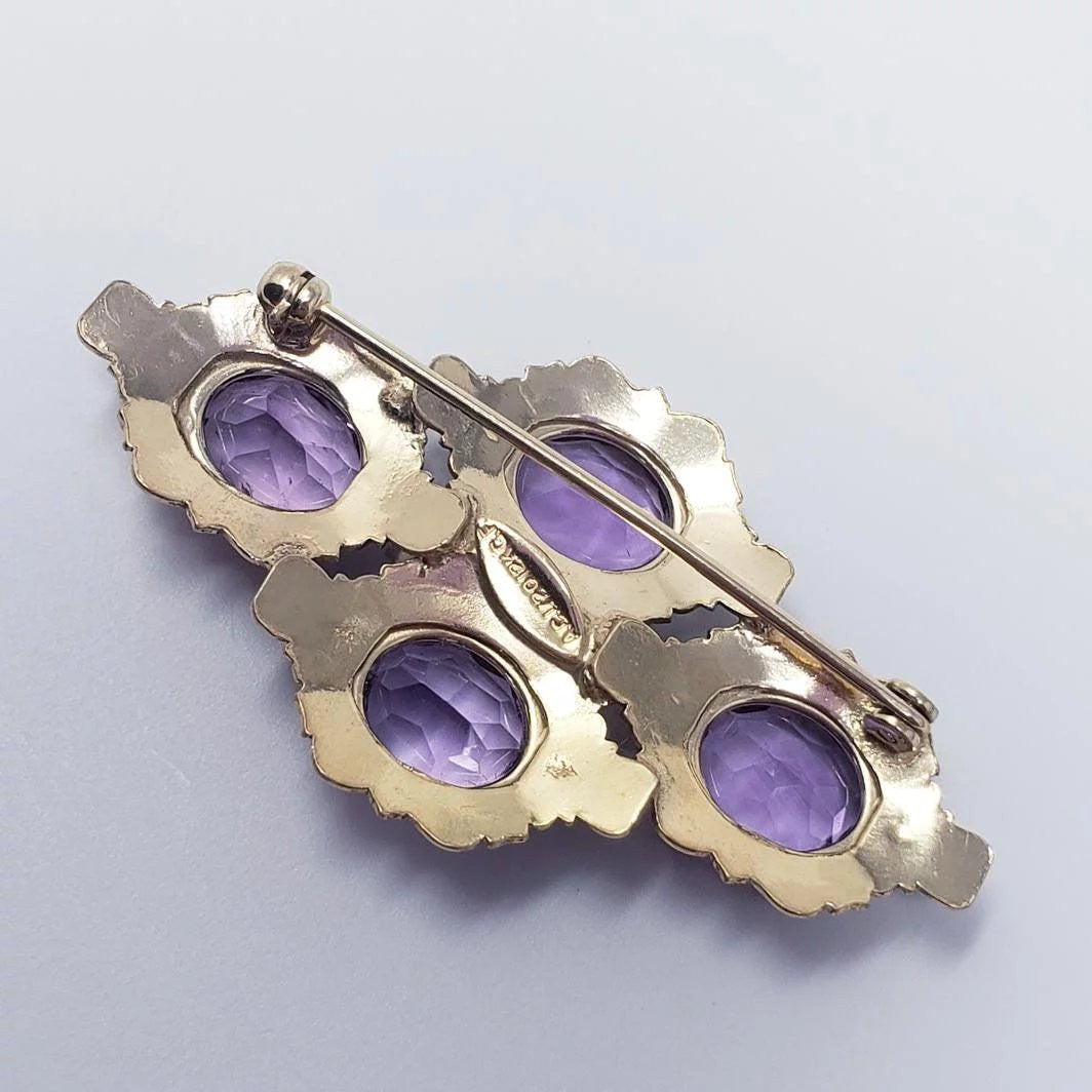 12K Gold Filled Victorian Style Cultured Pearl and Amethyst Colored Glass Crystal Brooch Pin