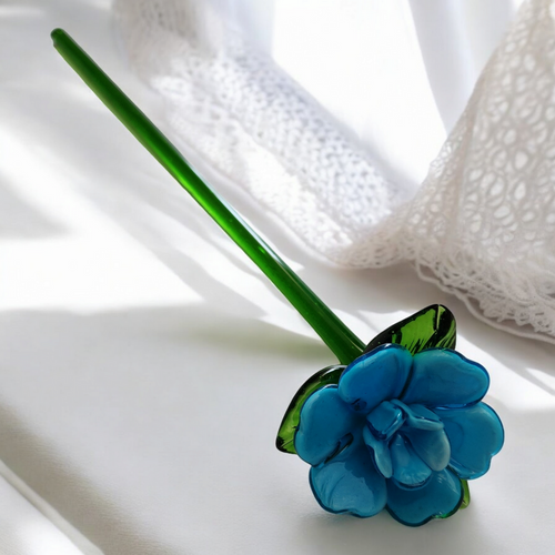 12" Art Glass Blue Daffodil Hand Blown Green Stem Flower Murano Style