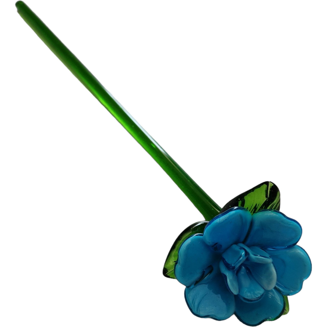 12" Art Glass Blue Daffodil Hand Blown Green Stem Flower Murano Style