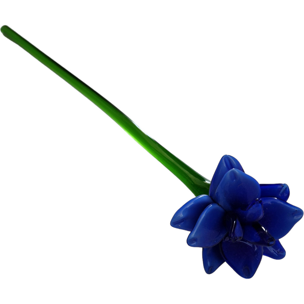 12" Art Glass Cobalt Daffodil Hand Blown Green Stem Flower Murano Style