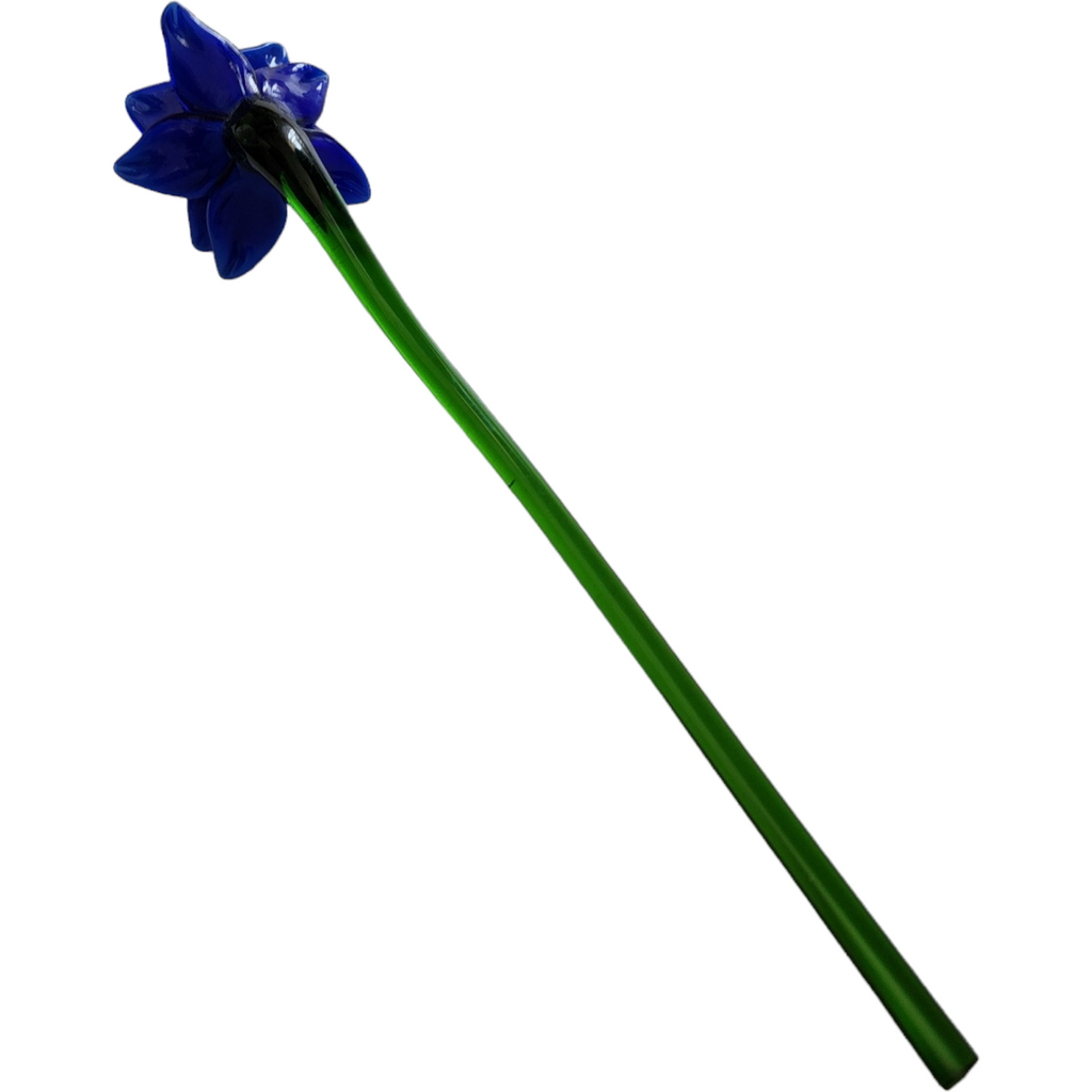 12" Art Glass Cobalt Daffodil Hand Blown Green Stem Flower Murano Style