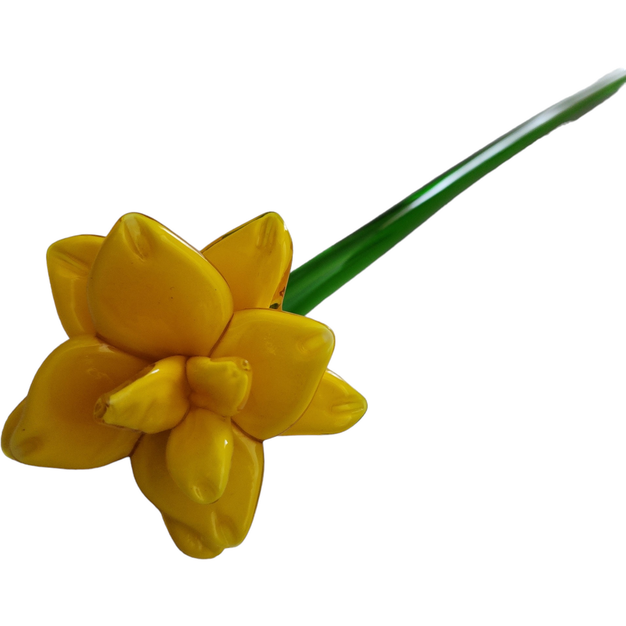 12" Art Glass Yellow Daffodil Hand Blown Green Stem Flower Murano Style