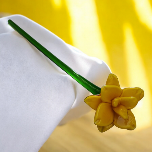 12" Art Glass Yellow Daffodil Hand Blown Green Stem Flower Murano Style
