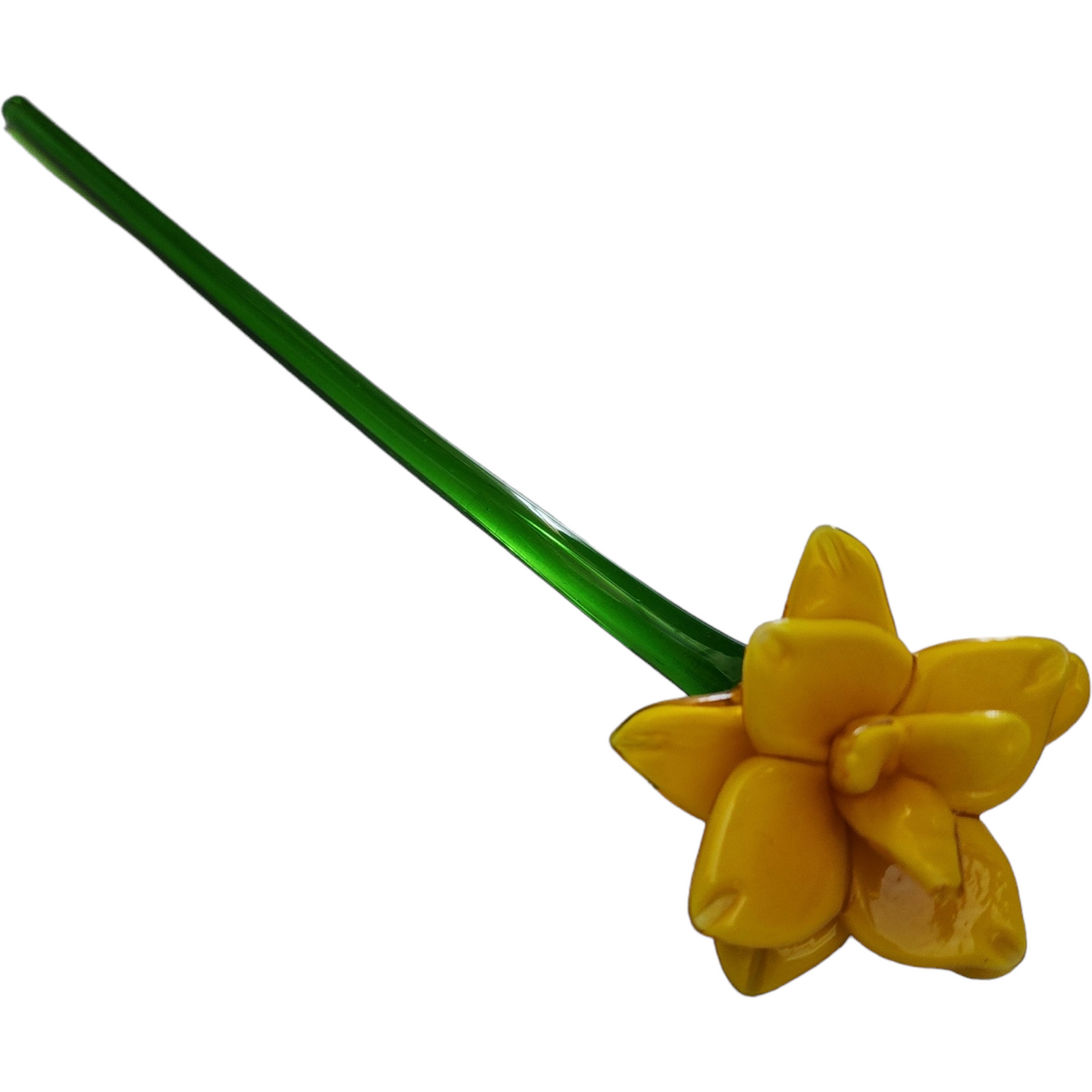 12" Art Glass Yellow Daffodil Hand Blown Green Stem Flower Murano Style
